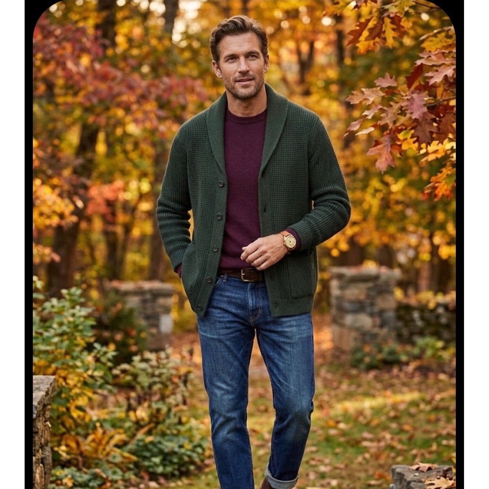 LL Bean Mens XL Tall Organic Cotton Waffle Shawl Collar Cardigan Green 518855